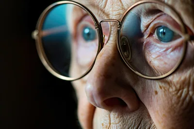Close Up Portrait Of An Elderly Woman Wearing Glasses