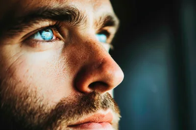 Close Up Portrait Of A Man With Piercing Blue Eyes