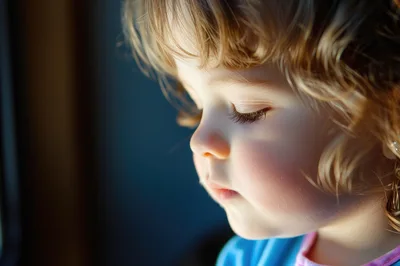 Close Up Portrait Of A Young Child Looking Down