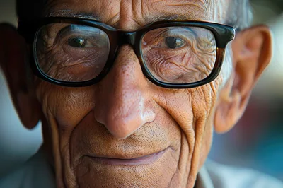 Close Up Portrait Of An Elderly Man Wearing Glasses