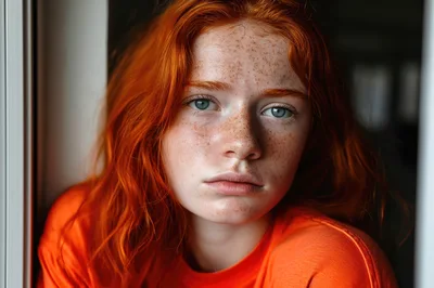Portrait Of A Young Woman With Red Hair And Freckles