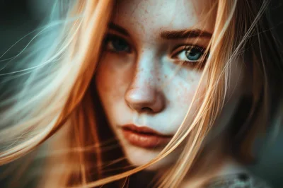 Close Up Portrait Of A Young Woman With Freckles