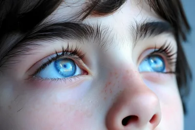 Close Up Portrait Of A Child With Bright Blue Eyes