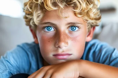 Close Up Portrait Of A Young Boy With Blue Eyes