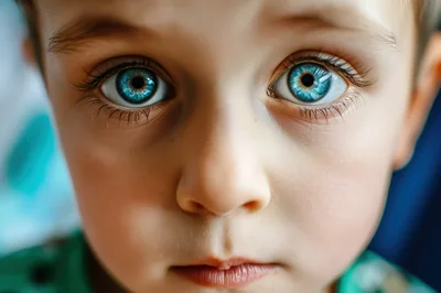 Close Up Portrait Of A Young Child With Blue Eyes