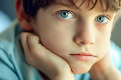 Close Up Portrait Of A Thoughtful Young Boy