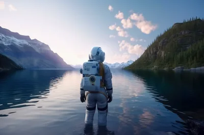 Astronaut Standing In A Serene Mountain Lake