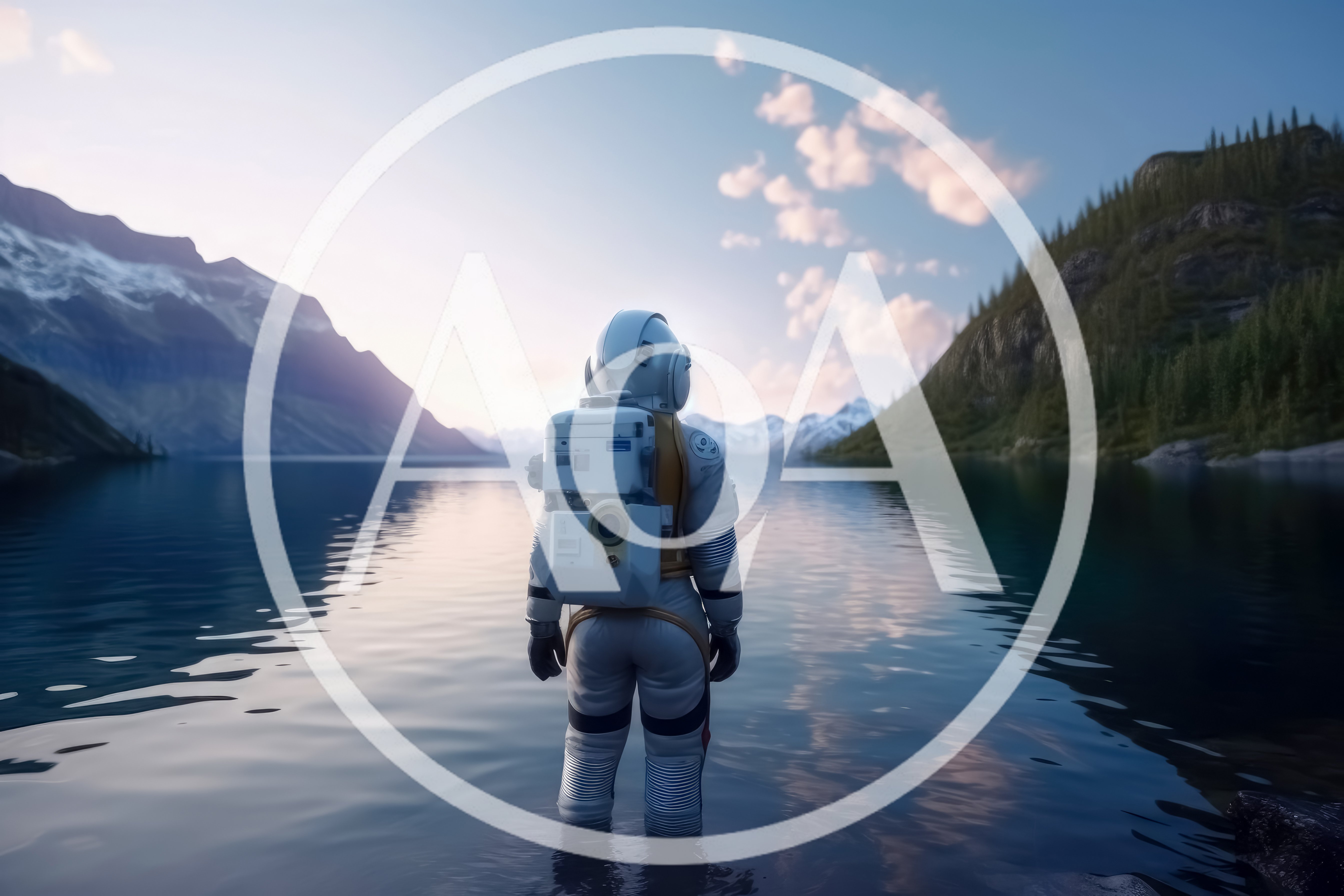 Astronaut Standing In A Serene Mountain Lake