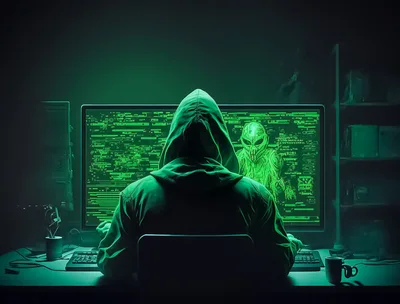 Hacker Working On Computer In Dark Room
