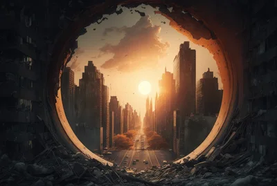 Post Apocalyptic Cityscape Viewed Through A Circular Ruin