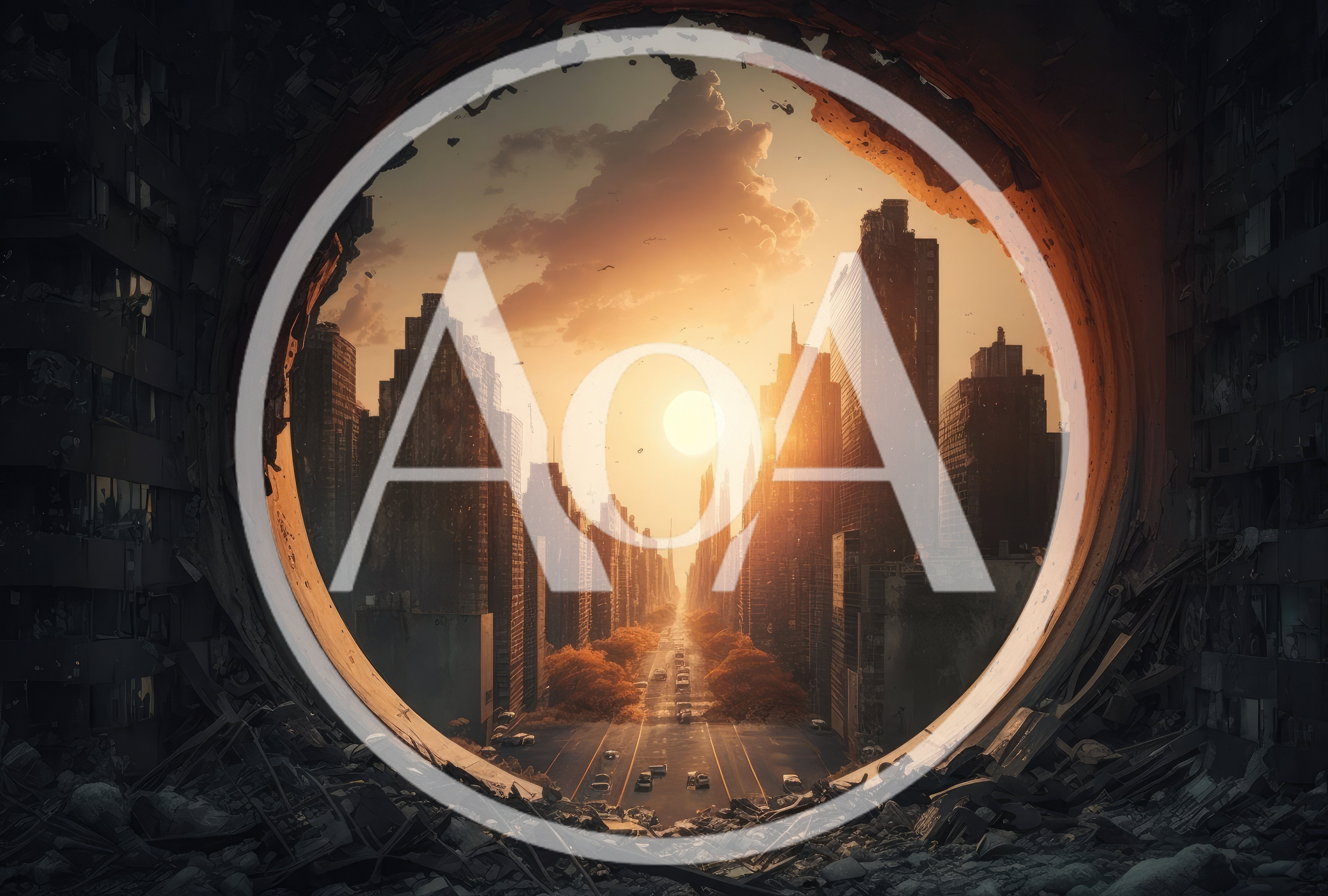 Post Apocalyptic Cityscape Viewed Through A Circular Ruin