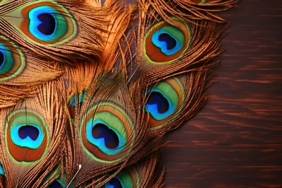 Peacock Feathers Arranged on Dark Wooden Surface