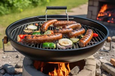 Grilled Sausages And Vegetables On A Charcoal Grill