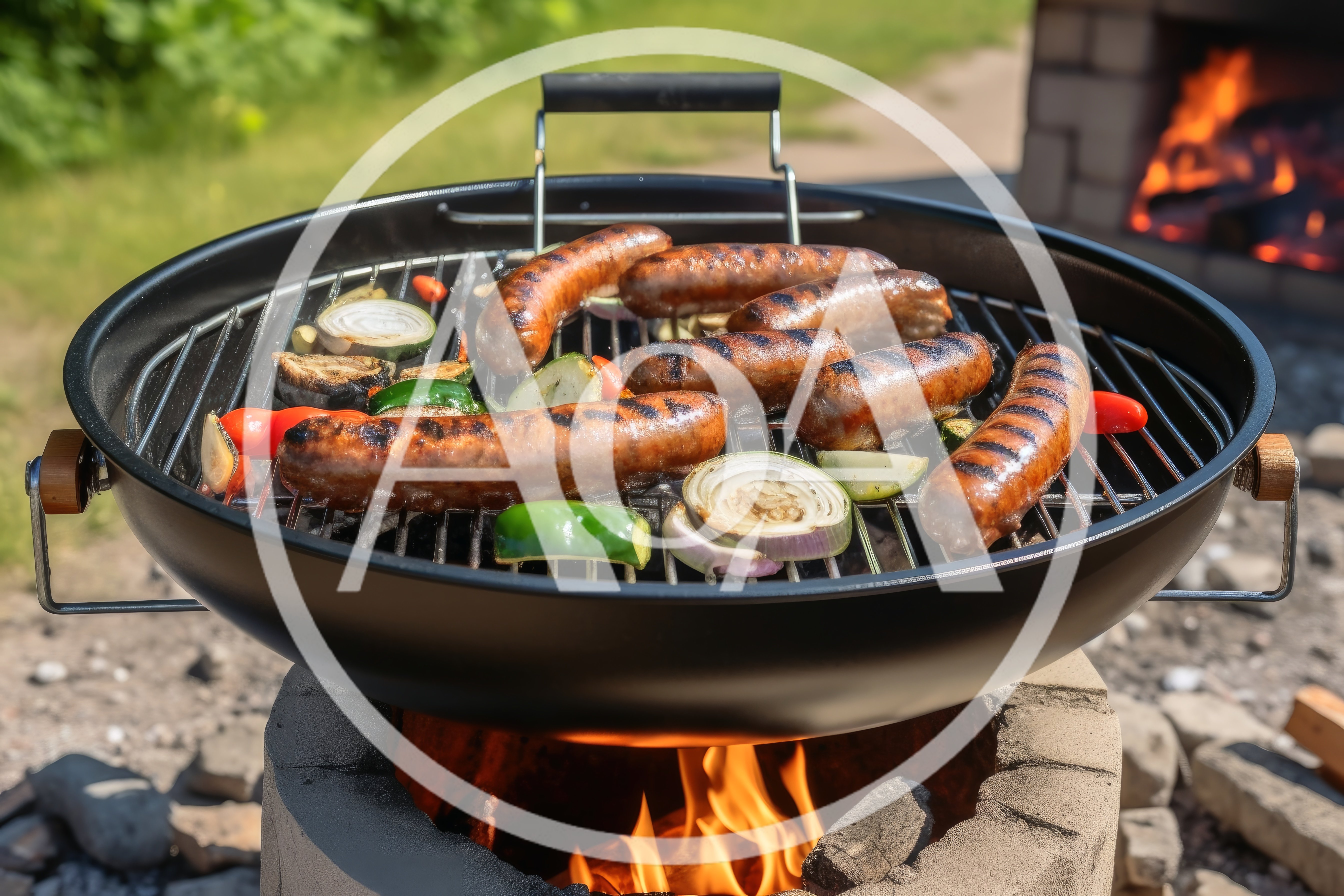 Grilled Sausages And Vegetables On A Charcoal Grill
