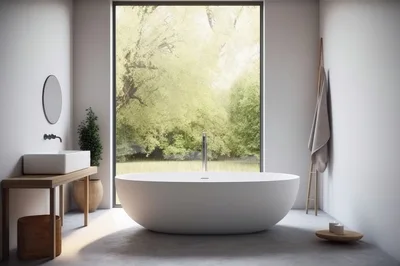 Modern Minimalist Bathroom With Freestanding Bathtub And Nature View