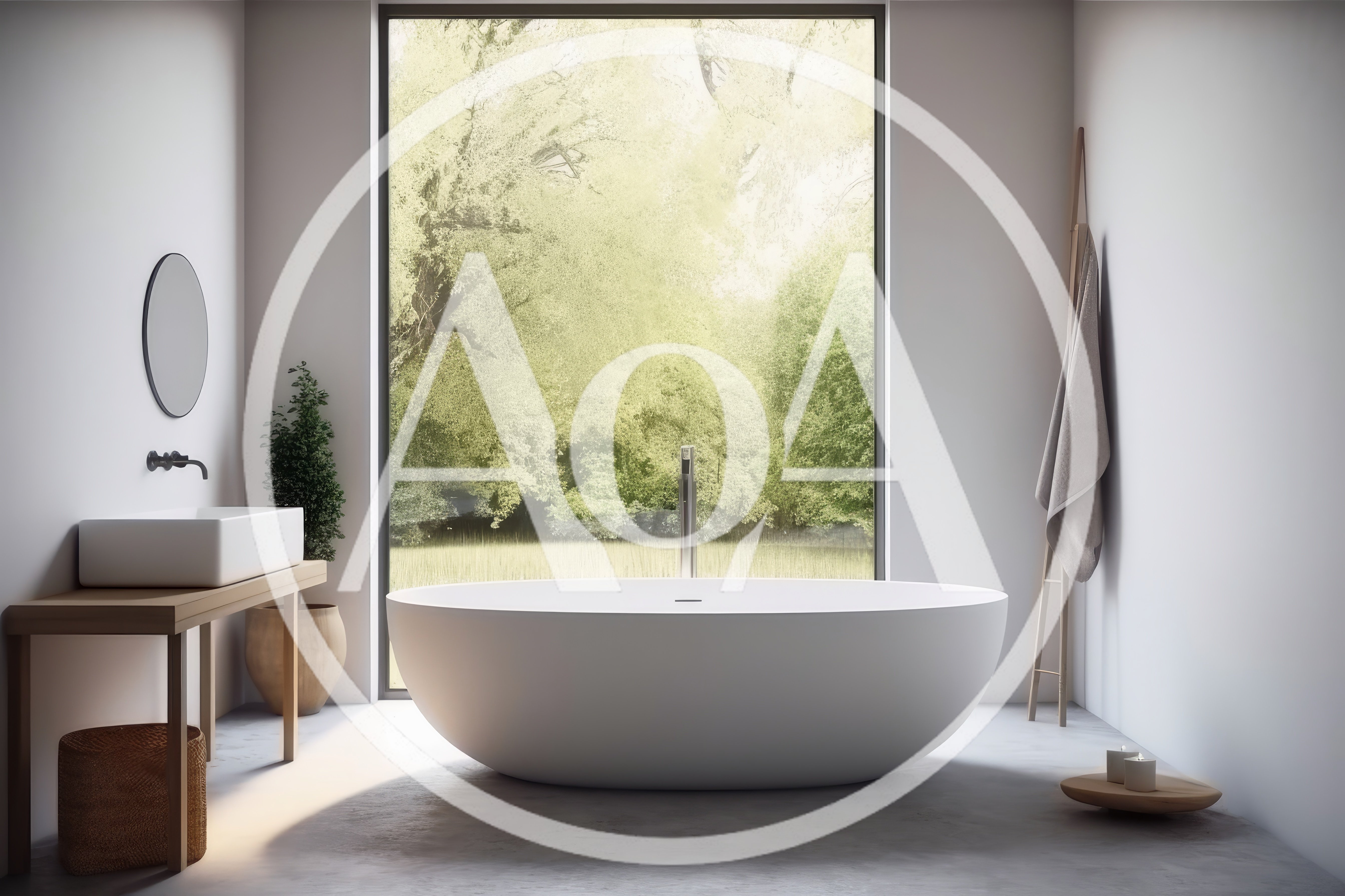 Modern Minimalist Bathroom With Freestanding Bathtub And Nature View