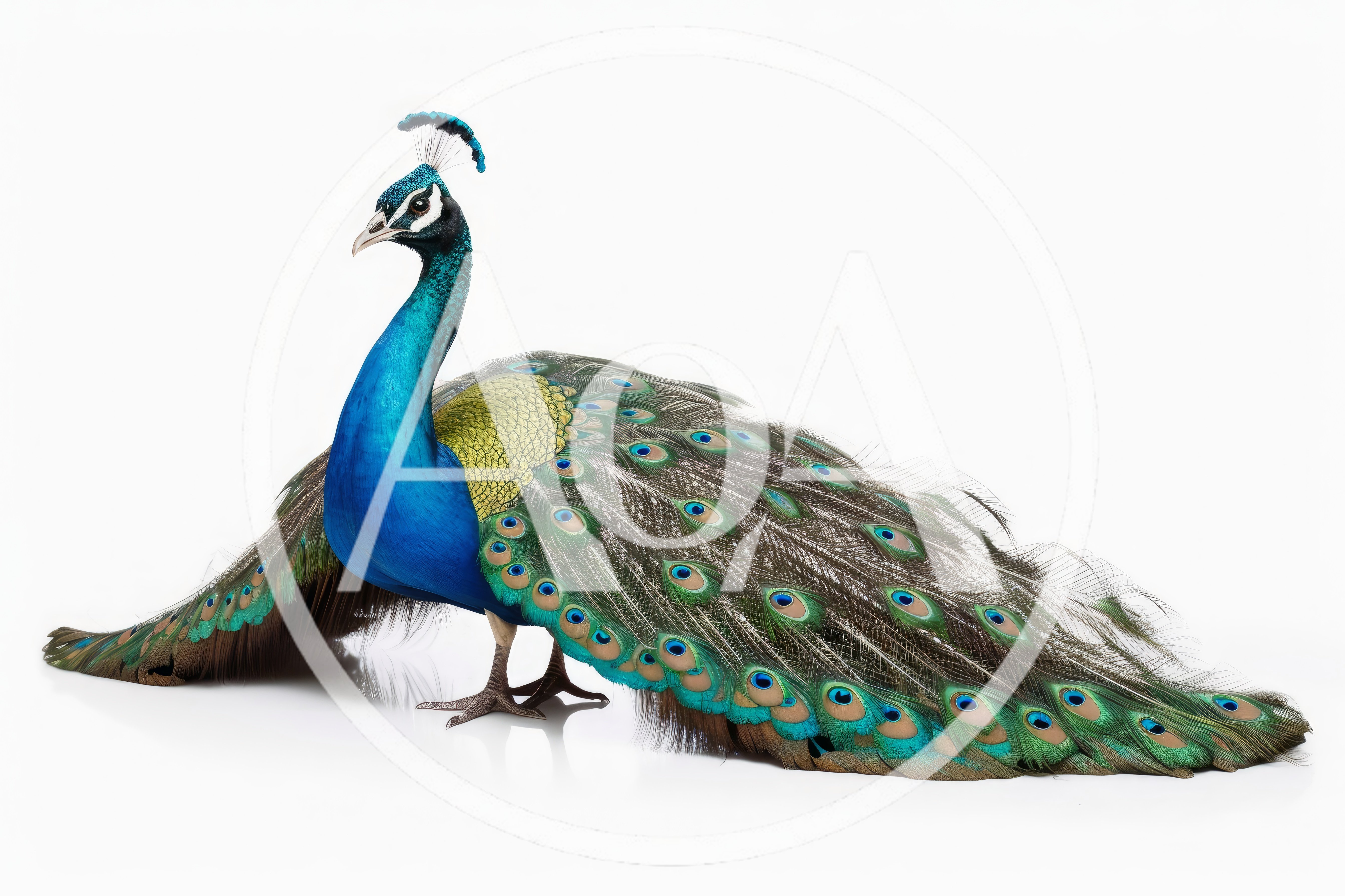 Majestic Indian Peacock Standing Against White Background