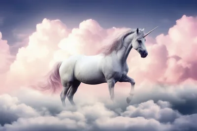 Majestic White Unicorn Walking Through Dreamy Pink Clouds