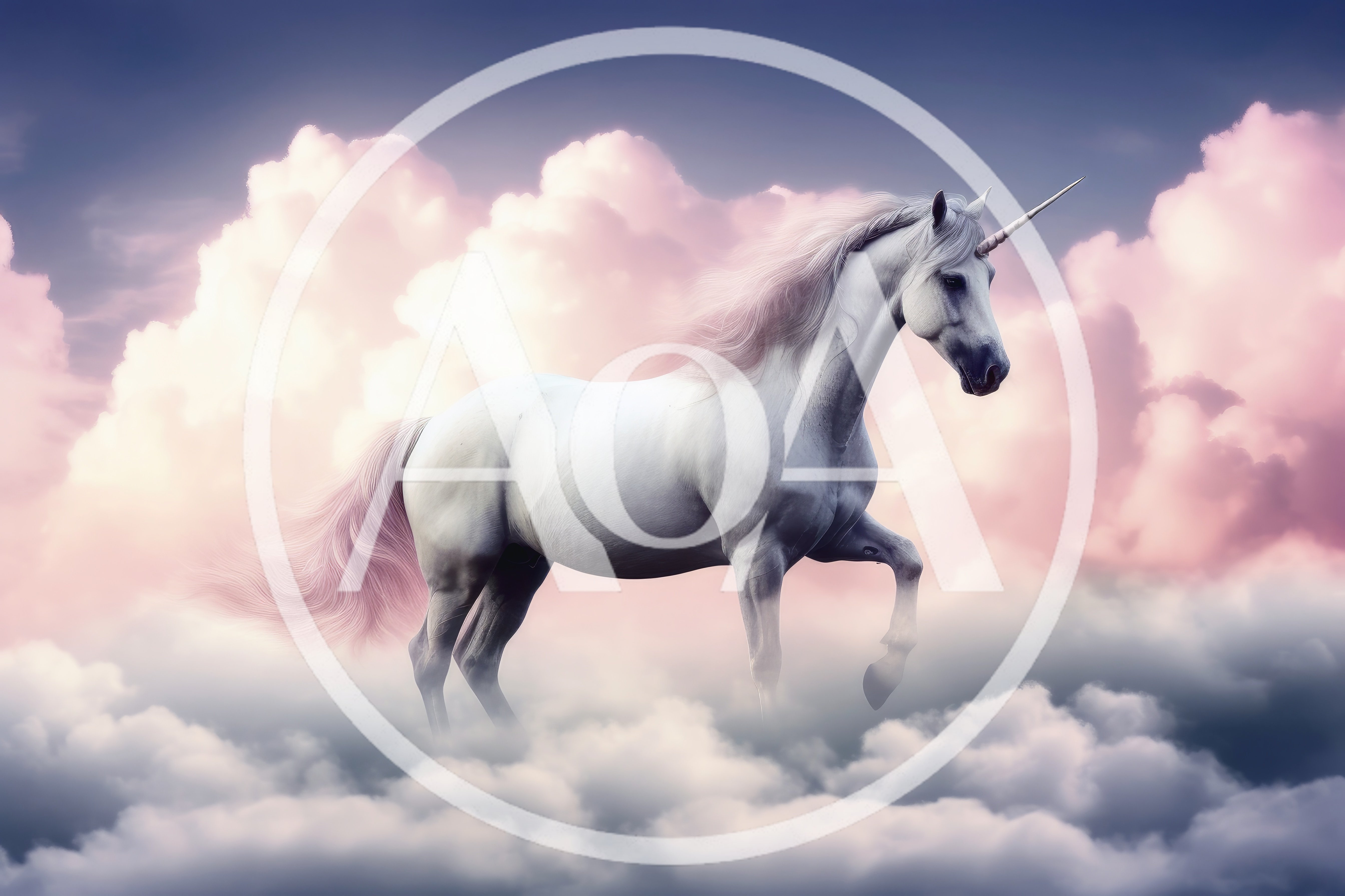 Majestic White Unicorn Walking Through Dreamy Pink Clouds