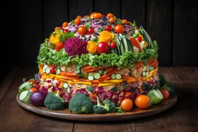 Large Vegetable Salad Dome On Wooden Platter