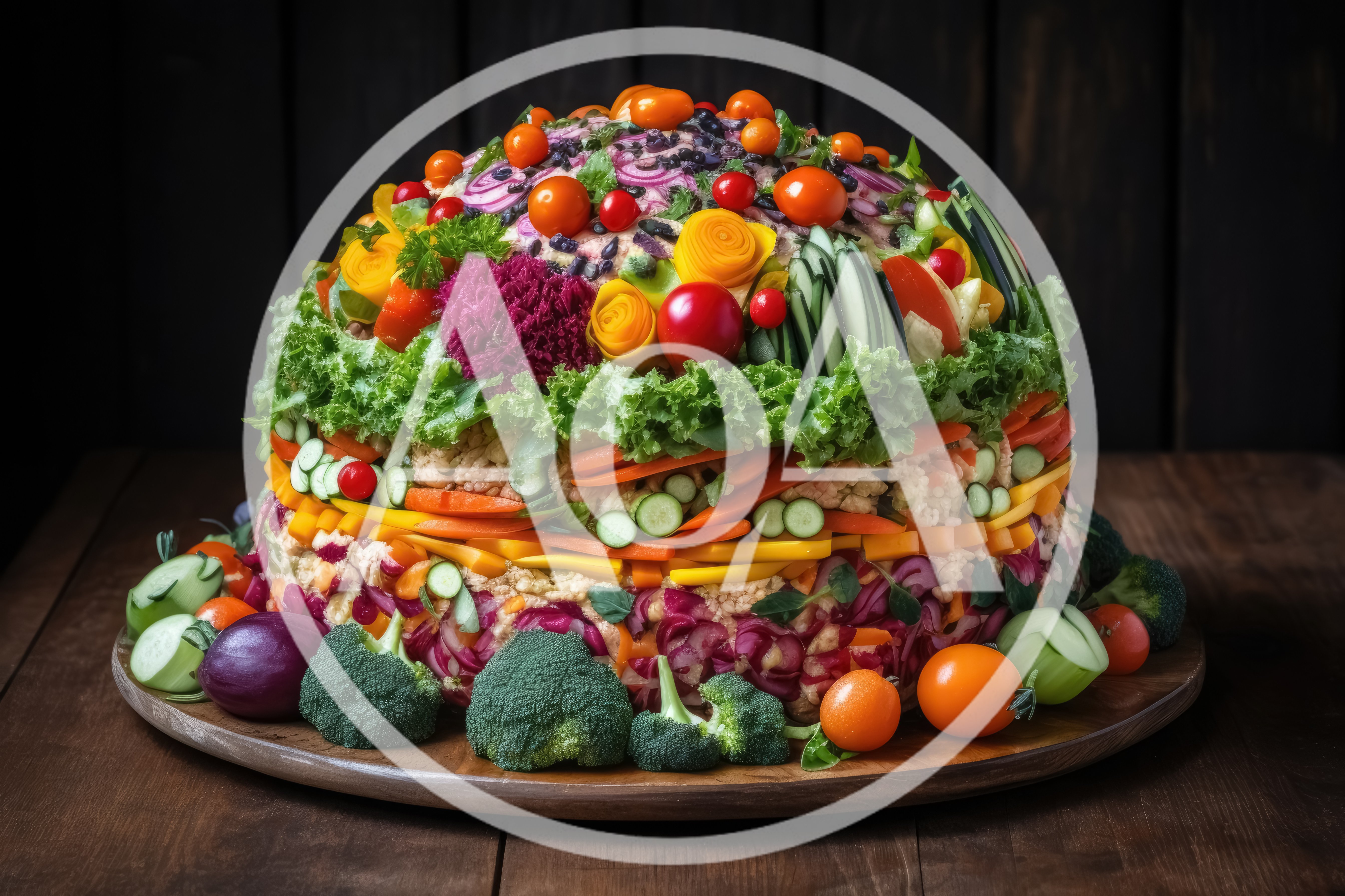 Large Vegetable Salad Dome On Wooden Platter