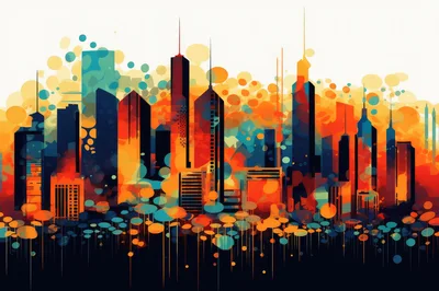 Abstract Cityscape Skyline With Vibrant Watercolor Circles