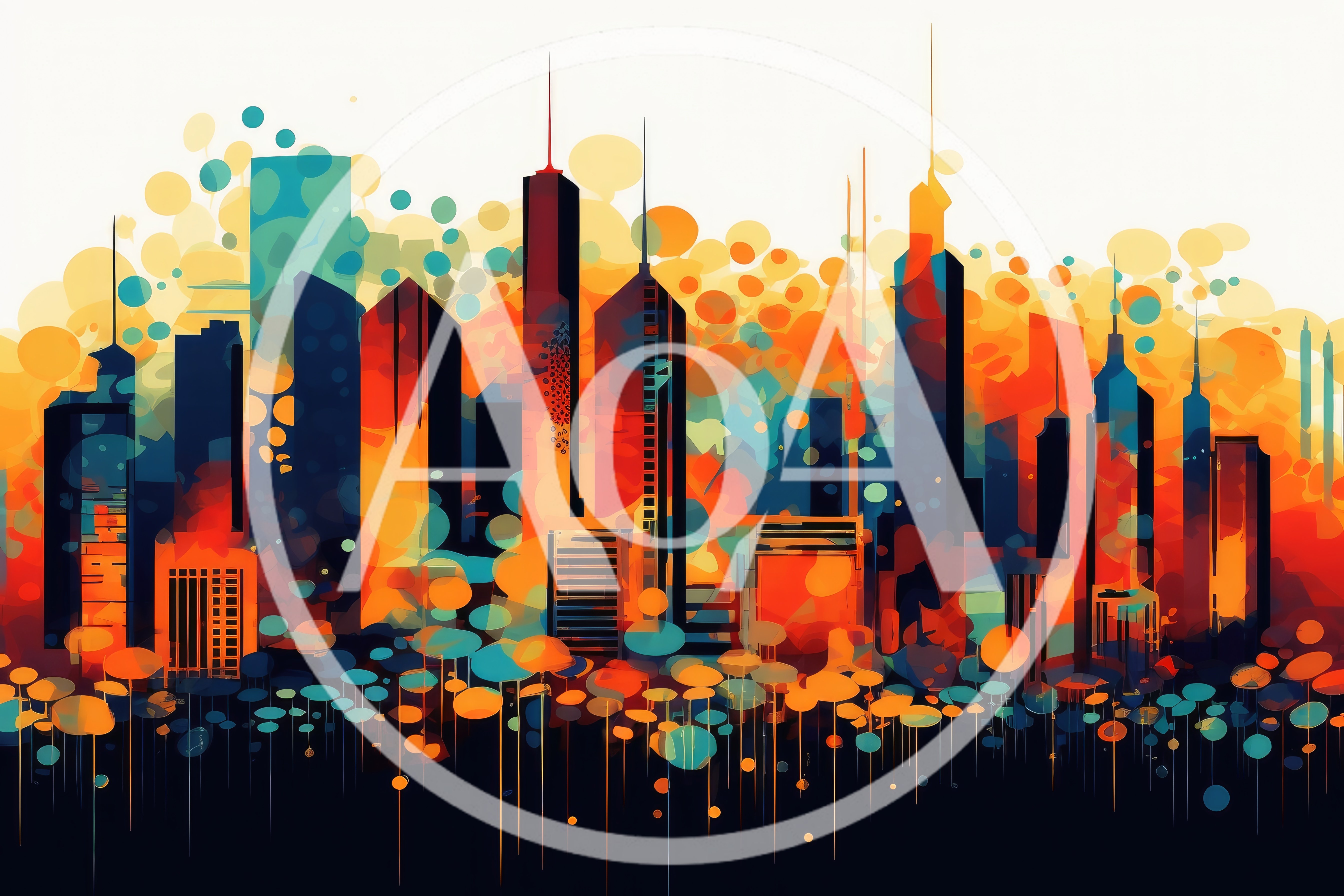 Abstract Cityscape Skyline With Vibrant Watercolor Circles