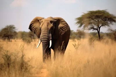 African Elephant Walking Through Dry Savanna Grassland