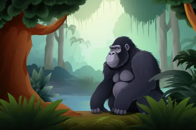 Cartoon Gorilla Sitting In A Lush Tropical Jungle