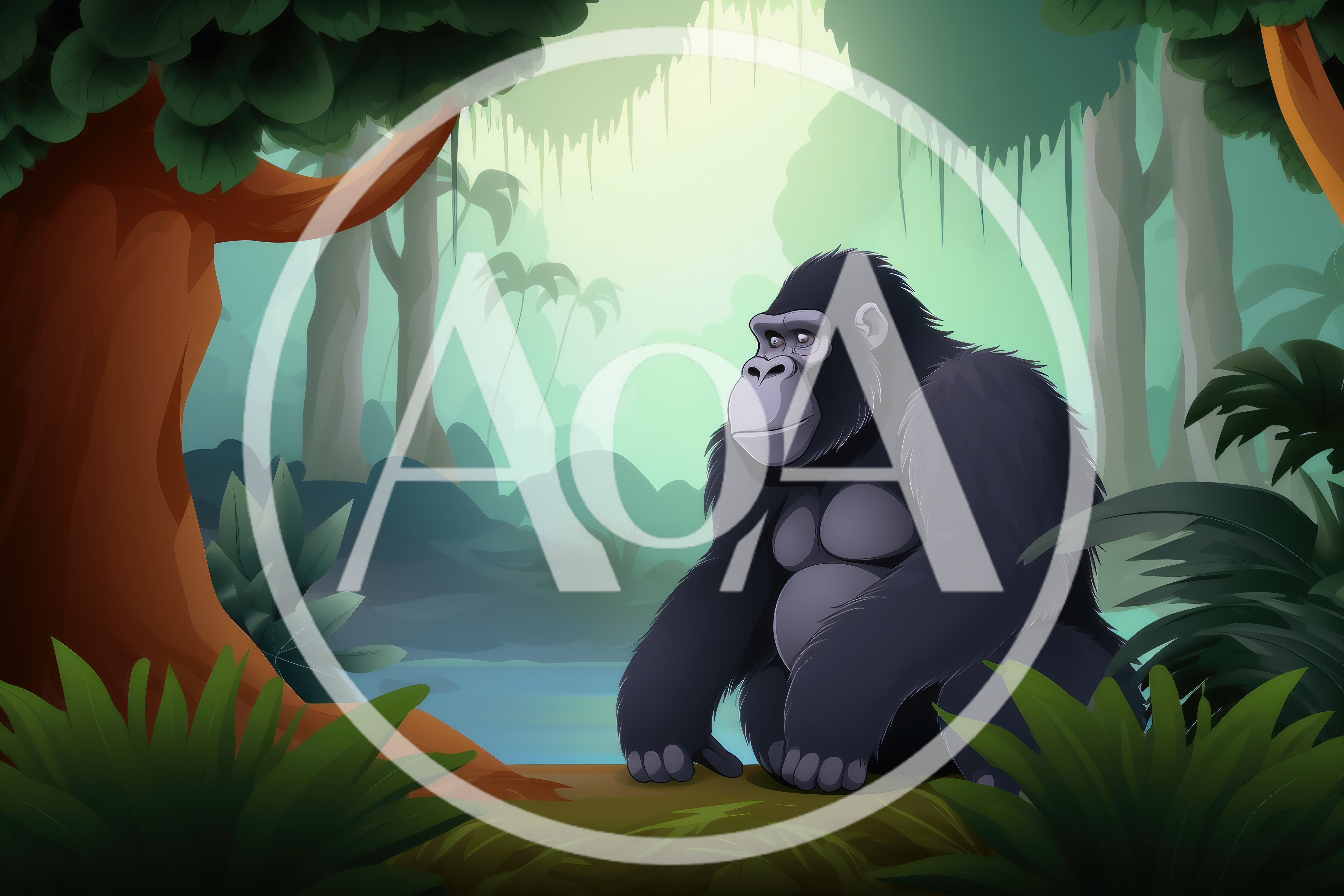 Cartoon Gorilla Sitting In A Lush Tropical Jungle