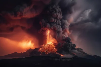 Volcanic Eruption With Lightning And Ash Clouds