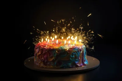 Colorful Birthday Cake With Lit Candles And Sparklers