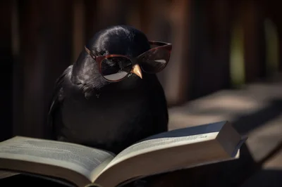 Black Bird Wearing Glasses Reading An Open Book