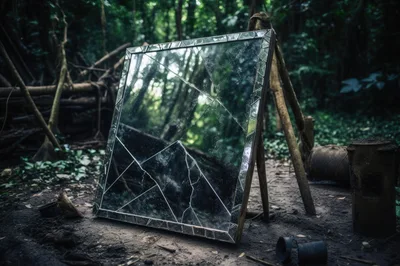 Broken Mirror Standing In A Dark Forest Clearing