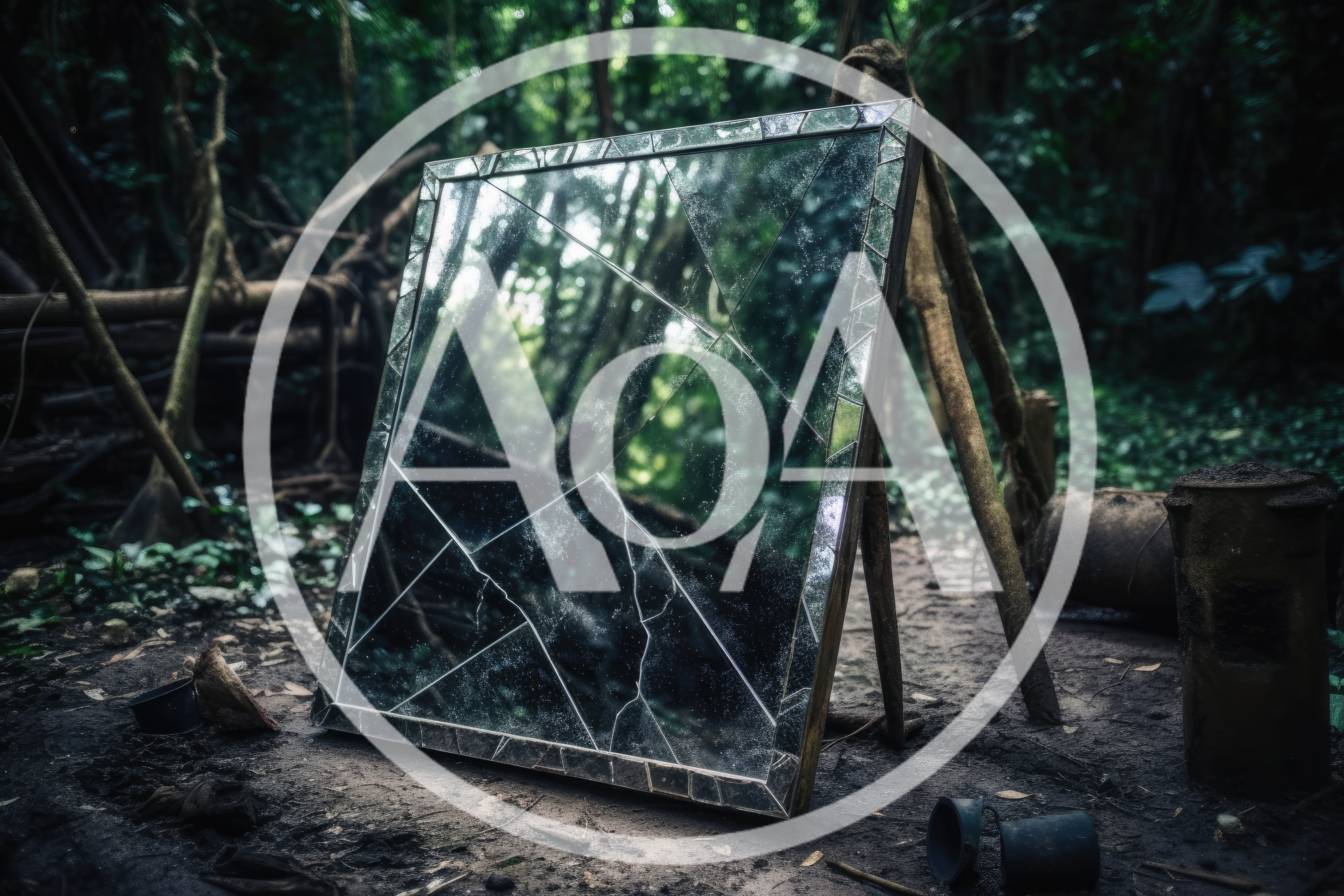 Broken Mirror Standing In A Dark Forest Clearing