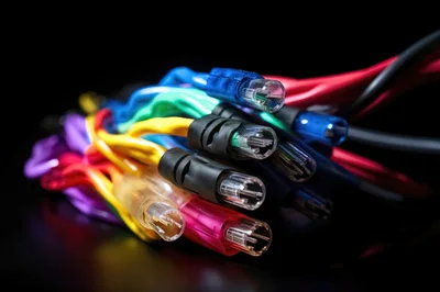 Close Up Of Colorful Fiber Optic Cable Connectors