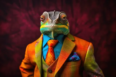Anthropomorphic Chameleon Dressed In A Colorful Business Suit