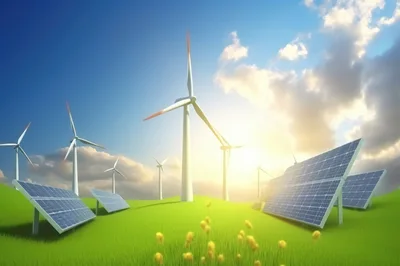 Wind Turbines And Solar Panels In Green Field