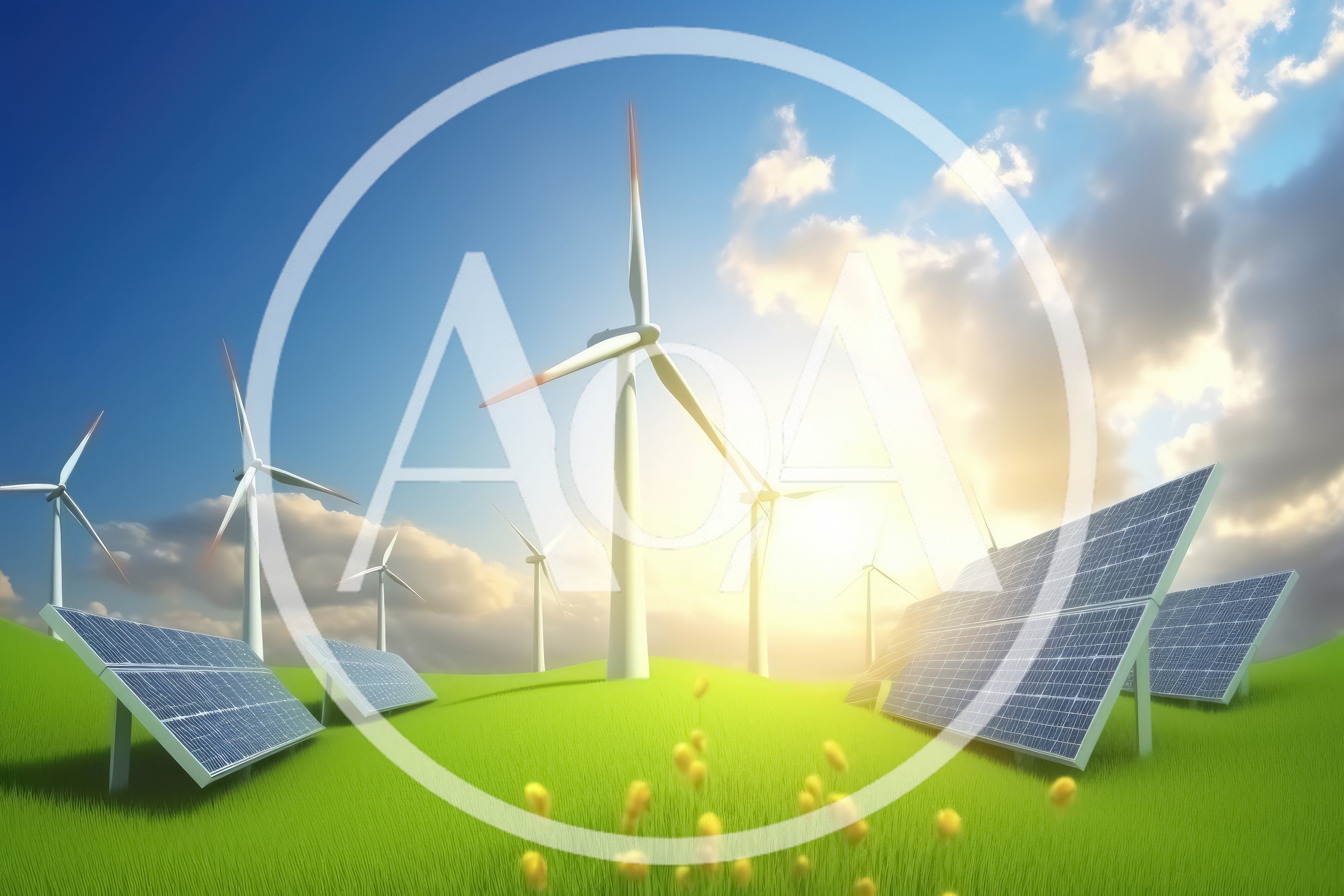 Wind Turbines And Solar Panels In Green Field