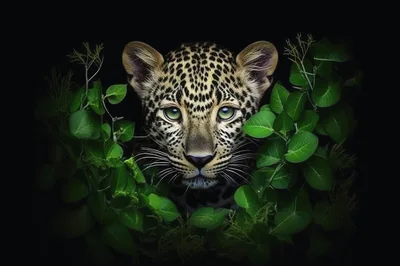 Young Leopard Cub Peering Through Lush Green Foliage