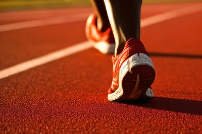 Runner Feet In Red Sneakers On Running Track