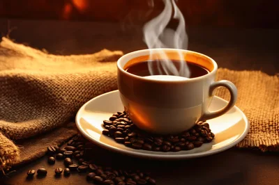 Steaming Cup Of Coffee With Roasted Beans
