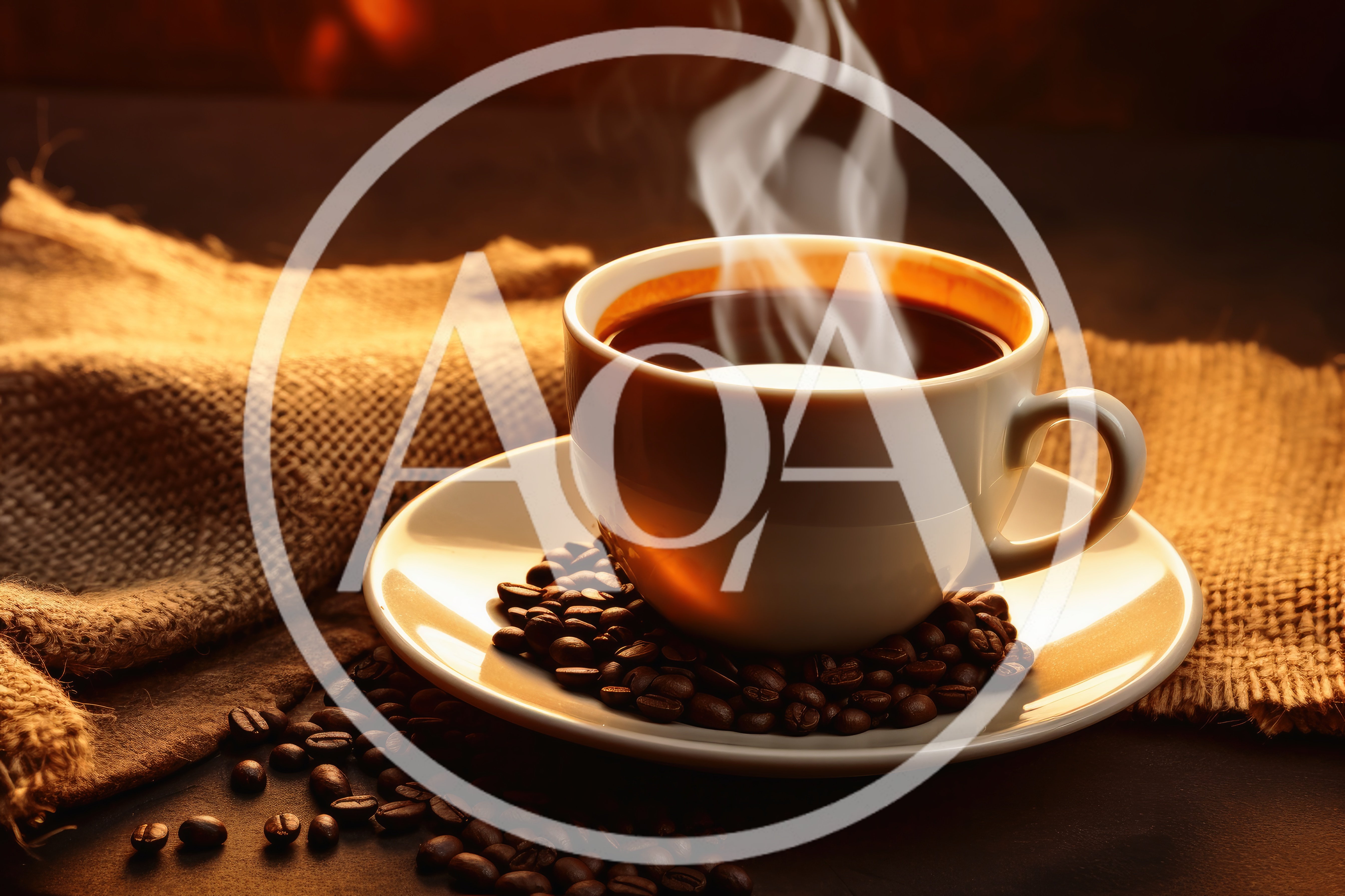 Steaming Cup Of Coffee With Roasted Beans