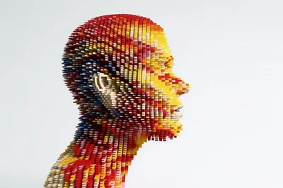 Abstract Human Head Sculpture Made Of Colorful Blocks