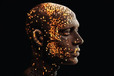 Digital Human Head Made Of Glowing Gold Pixels