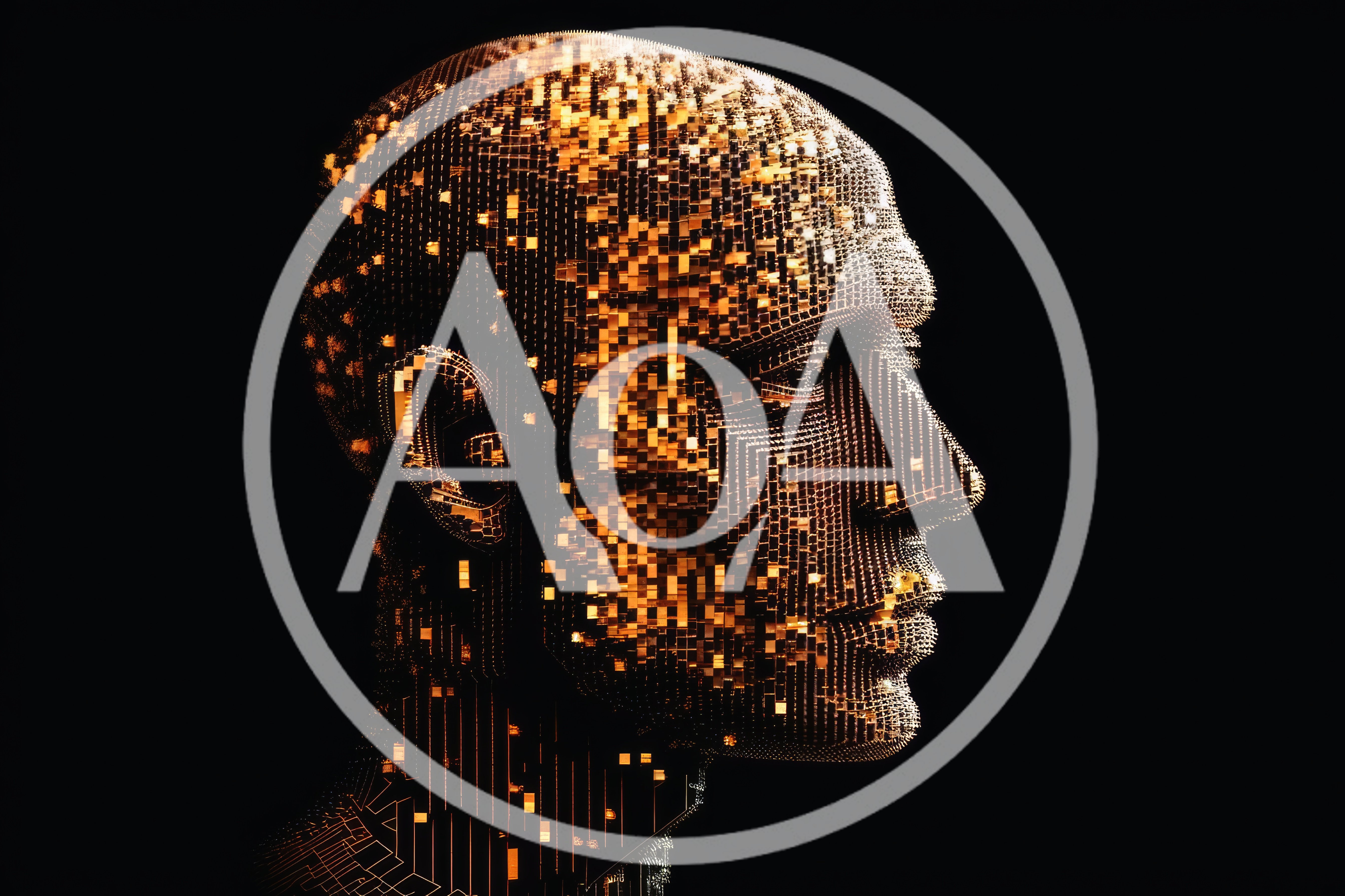 Digital Human Head Made Of Glowing Gold Pixels