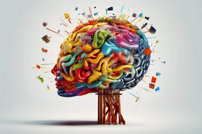 Abstract Colorful Brain Sculpture On Wooden Stand