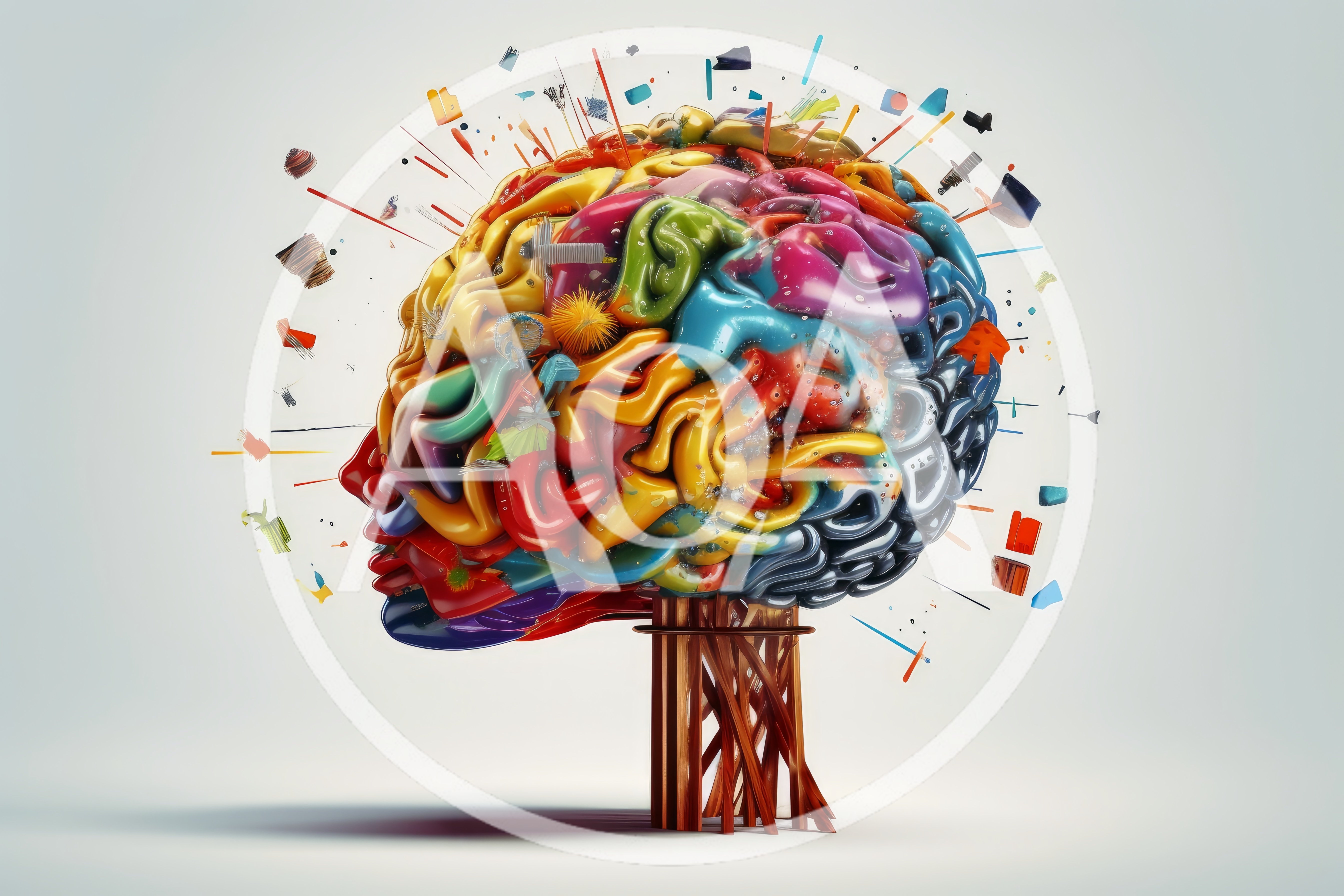 Abstract Colorful Brain Sculpture On Wooden Stand