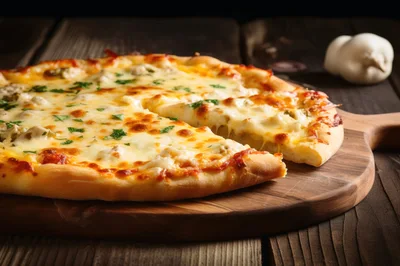 Freshly Baked Cheese Pizza on Wooden Serving Board