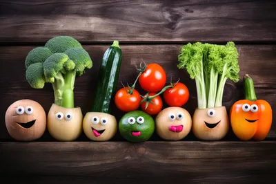 Funny Vegetable Characters With Googly Eyes On Wooden Background